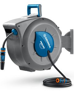 GRINDA HRA-30, шланг 30м x 1/2″, на поворотном кронштейне настенная, поливочный набор 4 предмета, катушка автоматическая со шлангом ProLine (428471) ― GRINDA